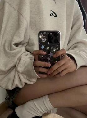 美式高街潮牌印花浅灰色纯棉圆领卫衣女早春秋款宽松情侣装上衣冬