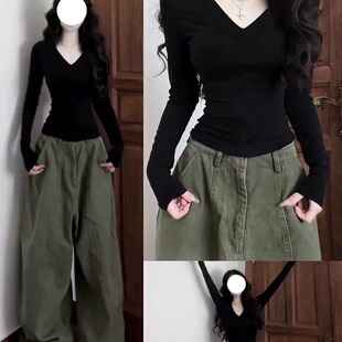 显瘦黑色打底衫 内搭正肩辣妹收腰修身 上衣 T恤女春季 纯欲风V领长袖