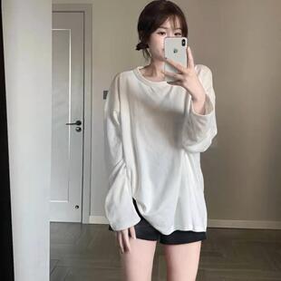 慵懒风宽松白色长袖T恤女oversize秋季薄款冷淡系高级感打底上衣