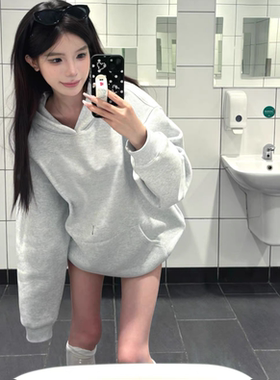 重磅白灰色连帽卫衣女秋季宽松oversize慵懒薄款外套美式帽衫穿搭