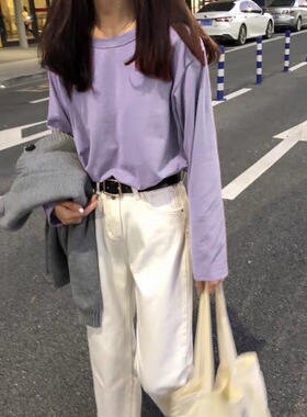 2022夏新款打底衫女薄款长袖t恤ins潮宽松韩版温柔风香芋紫色上衣