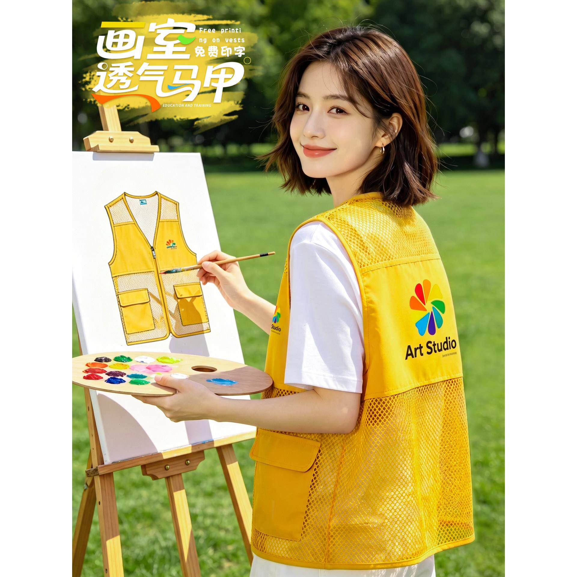 透气网眼马甲工作服定制印logo绘画培训教育机构托管班黄色背心夏