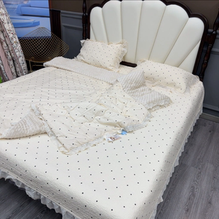 韩式奶油风纯棉花边床盖豆豆被四件套绗缝夹棉床单三件套四季通用