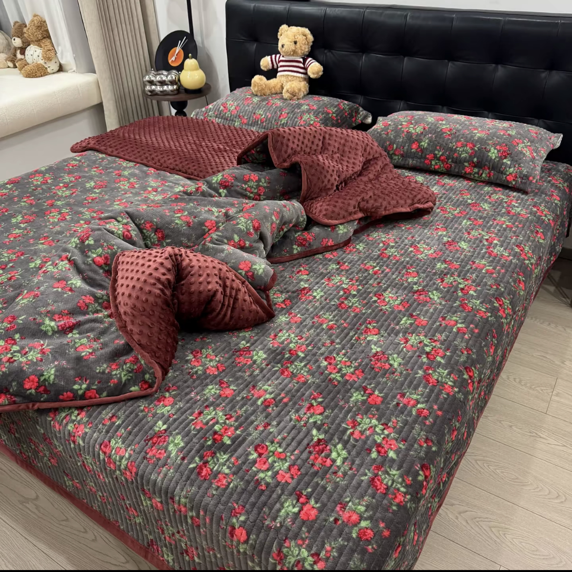 冬季牛奶绒夹棉款床盖四件套小清新法式加绒加厚三件套绗缝夹棉绒