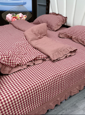 过年喜庆婚庆结婚红色四件套格子全棉100%纯棉夹棉砂洗床盖三件套