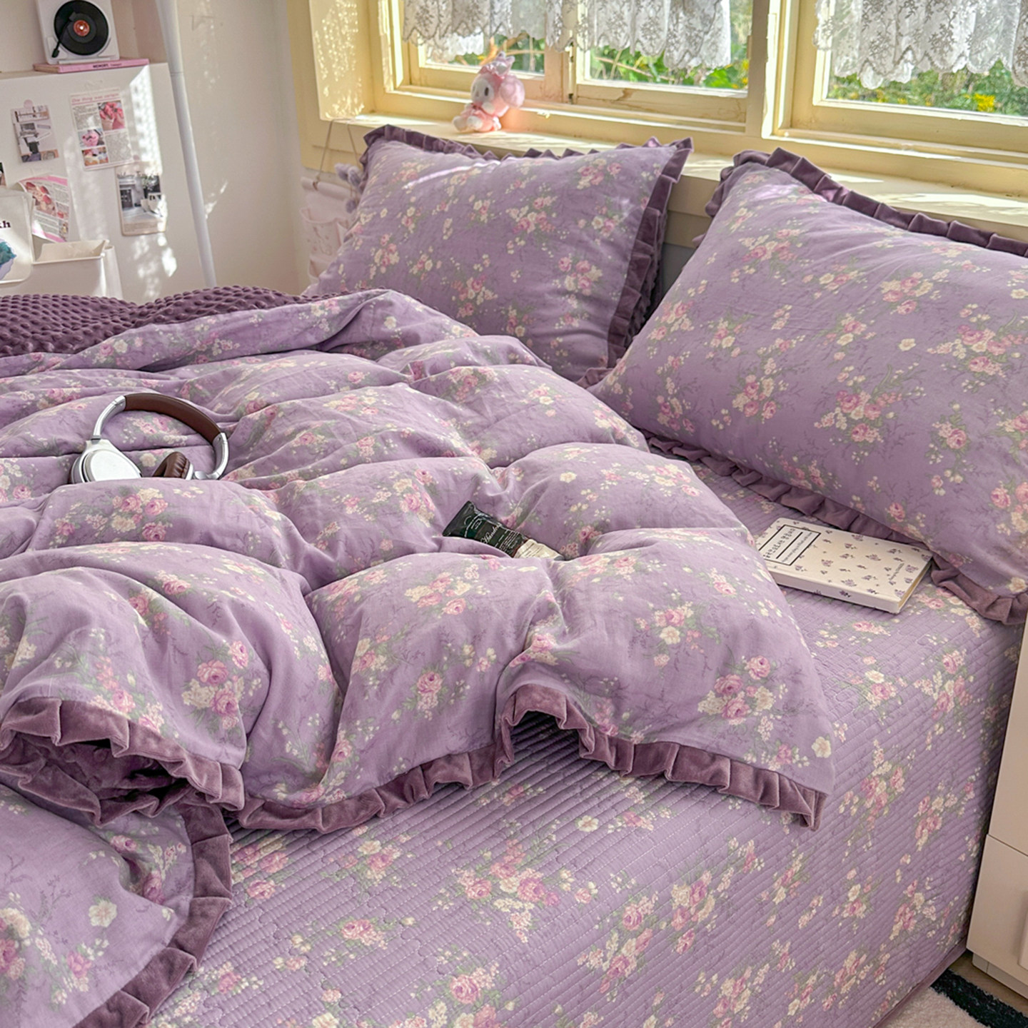 小清新棉加绒床盖三件套豆豆被四件套单被套纯棉双层纱豆豆绒床品,床上用品,床盖,淘宝优惠券,粉丝福利购,淘宝优惠卷