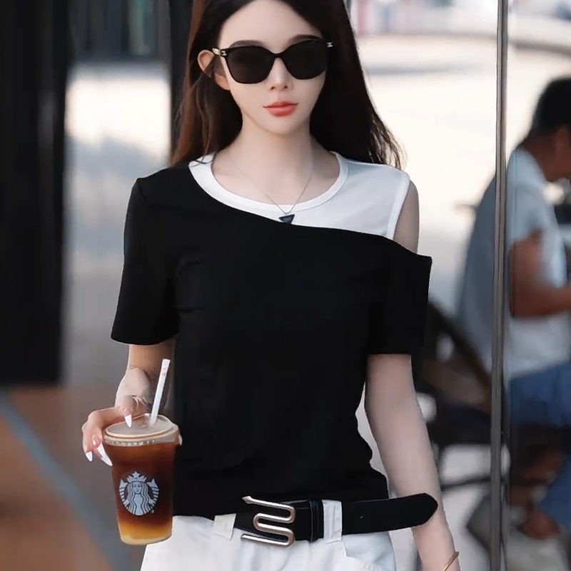 假两件撞色短袖t恤女2025夏季