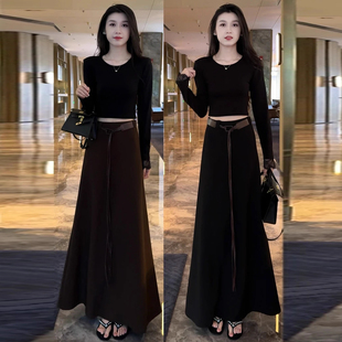 蕾丝拼接镂空上衣搭配高腰半身裙两件套 裙女春秋新款 韩系时尚 套装