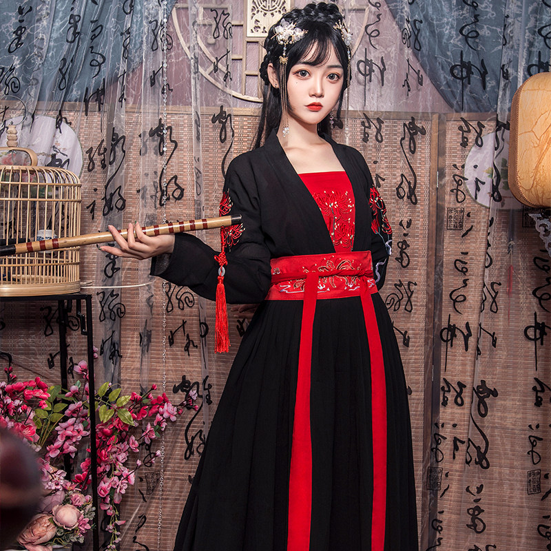 彼岸花汉服女日常可穿中国风原创汉元素红黑色对襟齐腰襦裙流仙裙