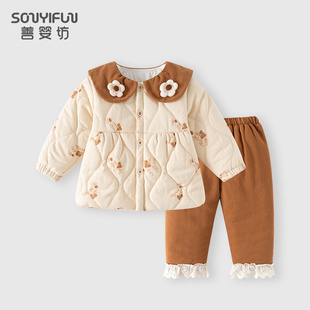 婴儿衣服冬季夹棉加厚女童宝宝外出洋气套装棉服两件套1-5岁3冬装
