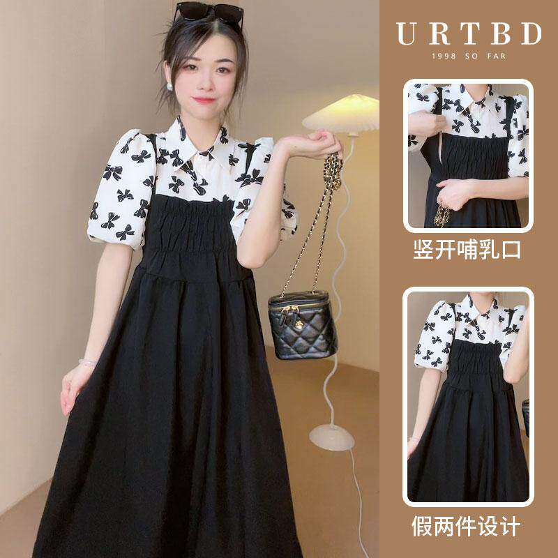 上蝴蝶时尚假两件拼接高腰显瘦泡泡袖法式质孕妇碎花哺乳衣连衣裙