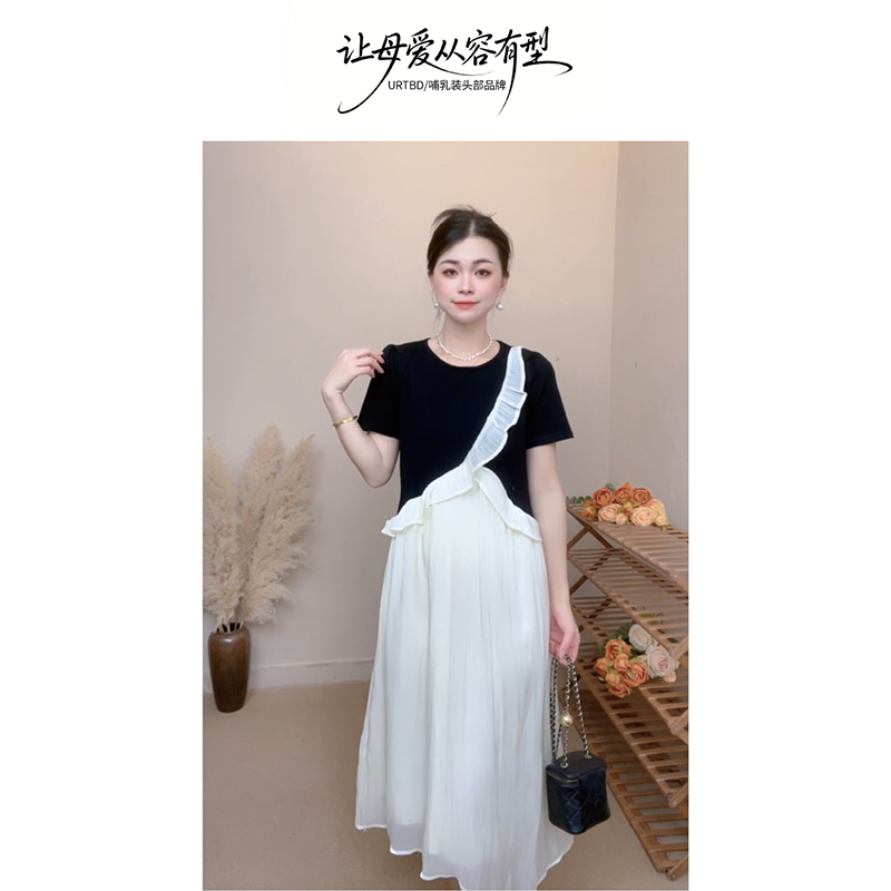 斜向荷叶边夏季哺乳衣新款韩版时尚针织拼接显瘦产后辣妈哺乳裙潮
