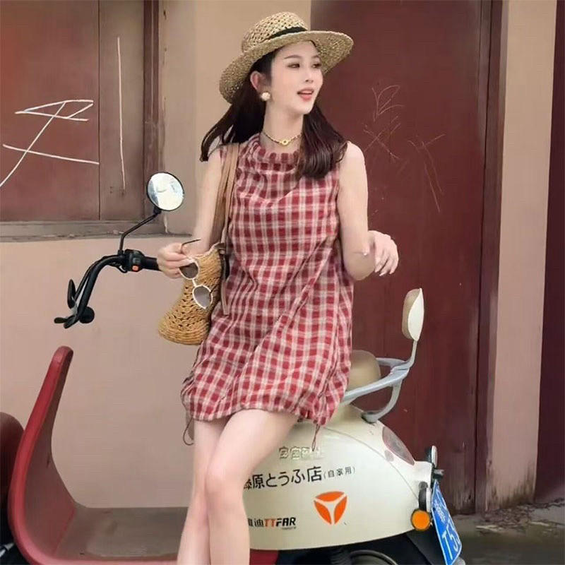 格子哺乳装连衣裙外出小个子
