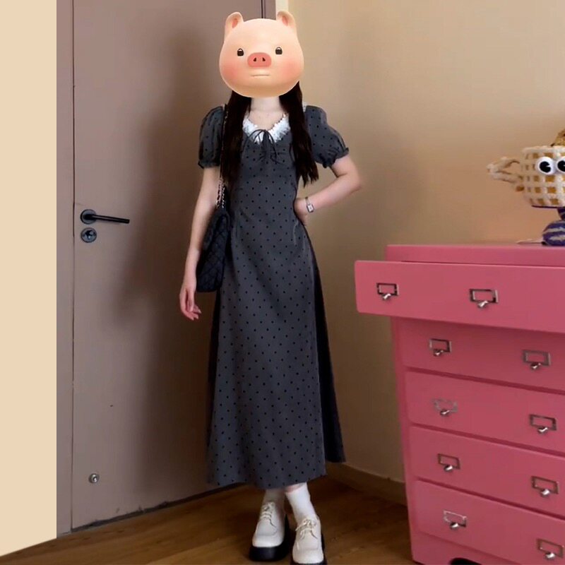 灰色波点夏季蕾丝绑带领显瘦港风复古孕妇产后哺乳款连衣裙外出潮