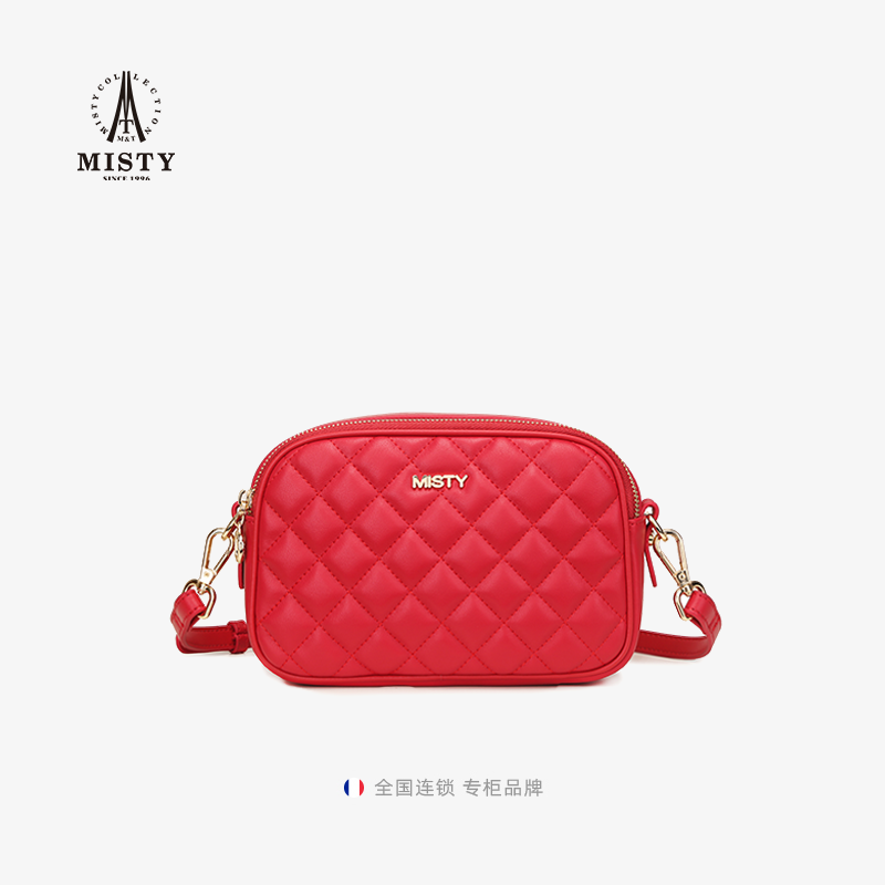 【商场同款】misty米堤女包2024红色牛皮斜挎包小香风菱格小方包