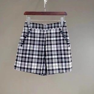 美国纽约出口单~春秋季100全羊毛偏薄尼格子休闲短裤女靴裤特价