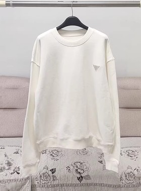 chun元外贸款 美版100纯棉白色圆领卫衣宽松春秋季全棉百搭套头衫