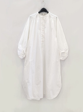 chun元出口春秋季白色圆领泡泡袖灯笼袖中长款全棉衬衫裙连衣裙女