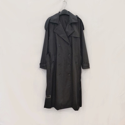 简洁百搭系带长款黑色风衣外套