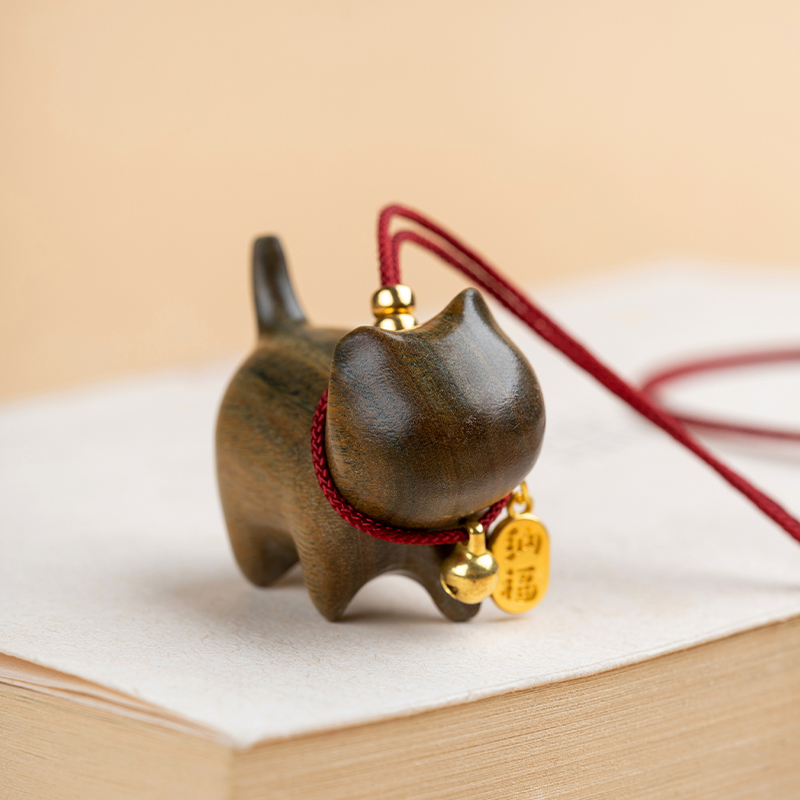 黑檀木招财猫咪汽车挂件手把件可爱摆件车内后视镜饰品绿檀卡通猫