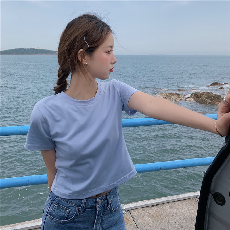 2025夏季新款高腰网红短款bm露脐短袖T恤女装修身显瘦上衣女ins潮