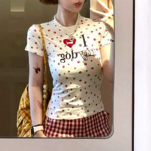 元 復古正肩美式 氣少女上衣 貓爪短款 新款 愛心印花短袖 t恤女春夏季