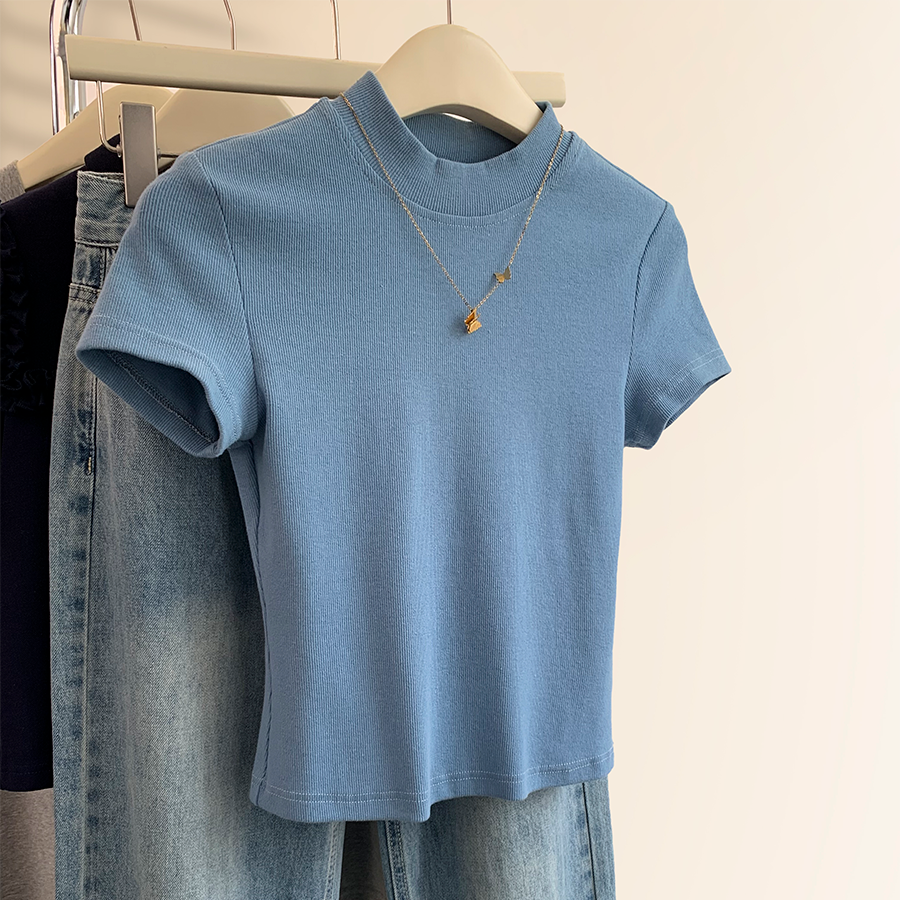 2025秋季新款蓝色半高领短袖t恤女春夏季纯色显瘦正肩短袖打底衫