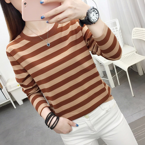 2026秋冬新款条纹长袖T恤女装ins超火百搭条纹印花长袖T恤上衣潮