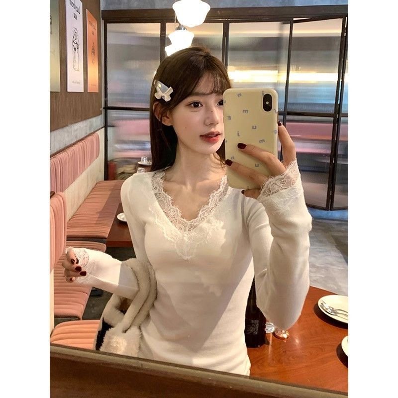 纯欲白色德绒蕾丝花边V领长袖T恤秋冬气质内搭外穿显瘦百搭上衣女,女装/女士精品,T恤,淘宝优惠券,粉丝福利购,淘宝优惠卷
