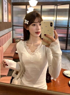 纯欲白色德绒蕾丝花边V领长袖T恤秋冬气质内搭外穿显瘦百搭上衣女