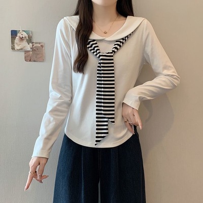 韩系学院风海军领长袖t恤女秋冬新款假两件披肩修身显瘦长袖上衣