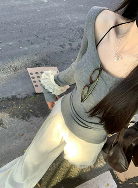 纯欲正肩U领长袖t恤女秋冬新款灰色u领百搭修身显瘦内搭外穿上衣