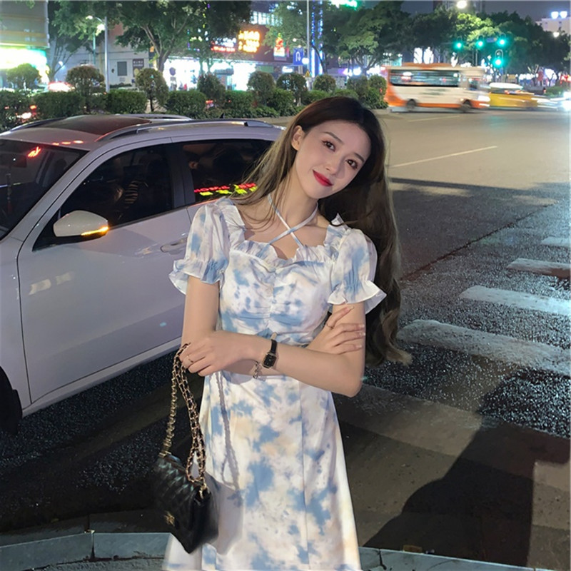 纯欲扎染裙女高腰2021年丧丧夏季新款松本碎花连衣裙短款吊带裙子图片