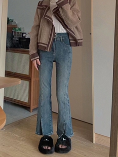 梨形身材显高显瘦微喇直筒牛仔裤女士春秋季胖mm宽松高腰九分裤子