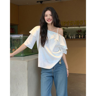 法式气质高级感缎面露肩上衣女夏季遮肉显瘦宽松露锁骨设计雪纺衫