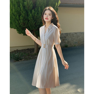 法式纯棉西装领竖条纹短袖连衣裙女夏职场高级感A字裙（送腰带