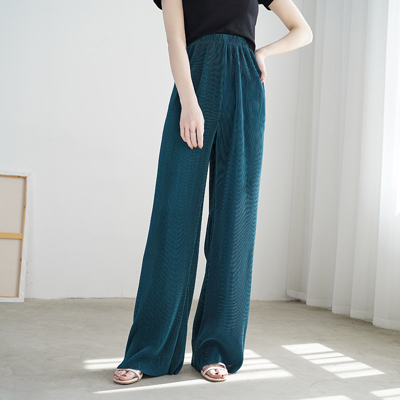 孔雀蓝百褶冰丝雪纺阔腿裤女夏高腰宽松显瘦休闲直筒垂感拖地长裤