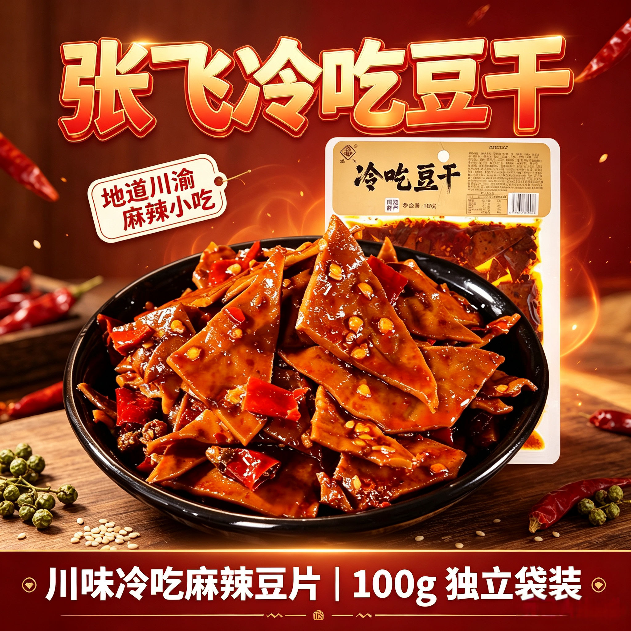 张飞冷吃豆干 100g 川渝特产红油麻辣豆腐干开袋即食追剧解馋零食