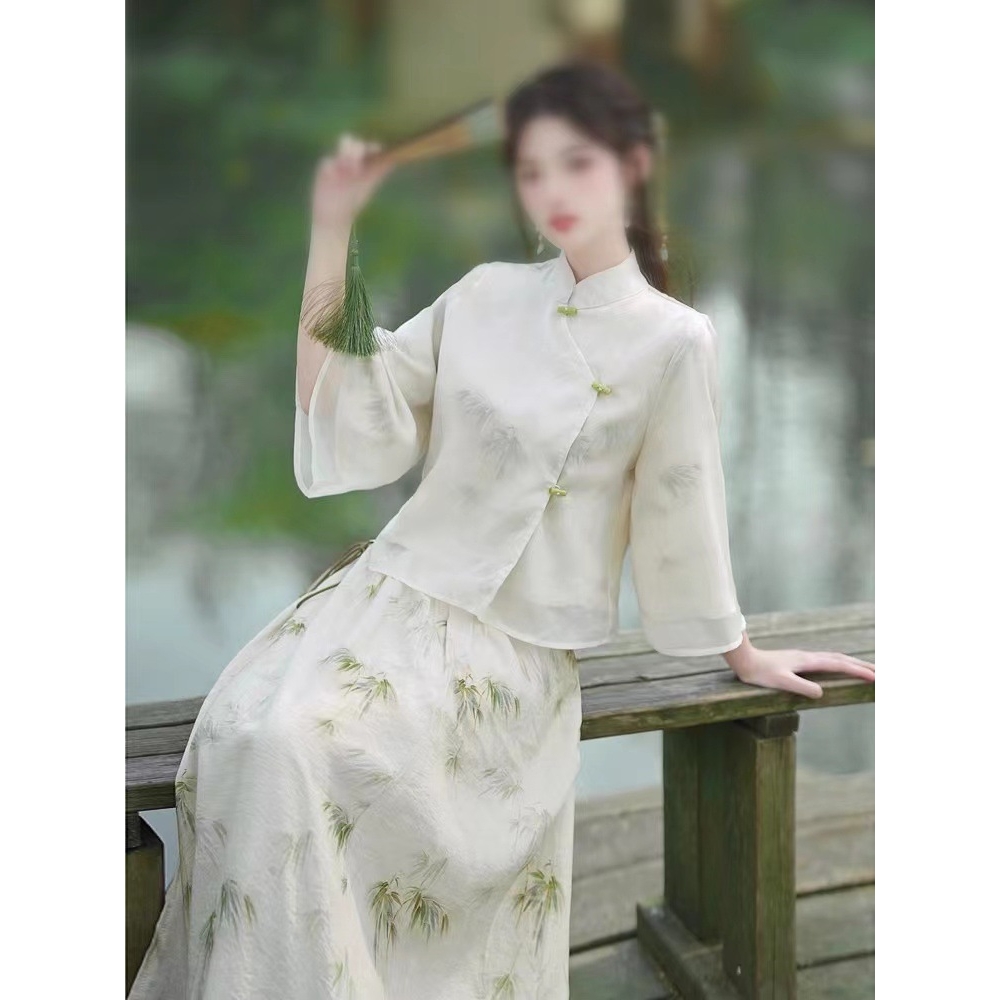 新中式复古国风女装夏季改良汉服汉元素半身裙套装禅意旗袍两件套