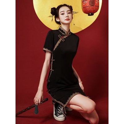 黑色旗袍2025年新款夏款年轻款少女改良版小个子国潮风连衣裙短款