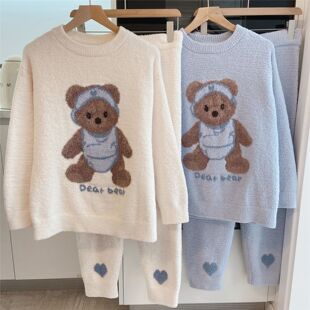 软绵绵睡衣女秋冬季卡通小熊长袖套装珊瑚绒加厚休闲暖和家居服潮