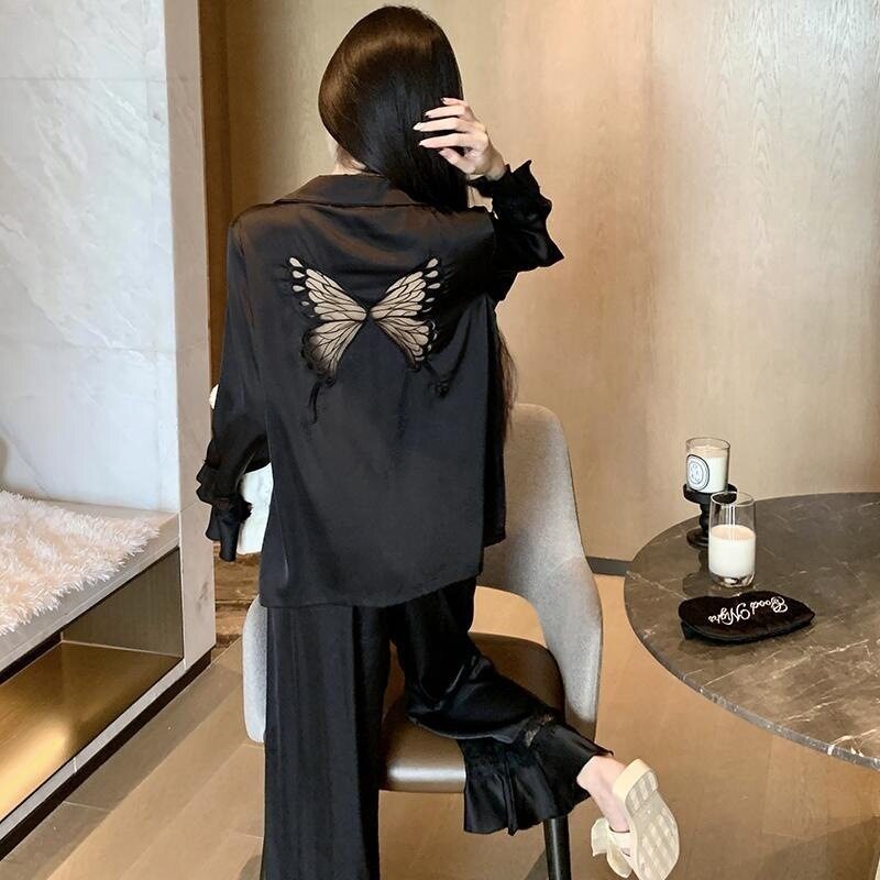 2025新款睡衣女春上新长袖长裤甜美冰丝蝴蝶可外穿家居服两件套装图片