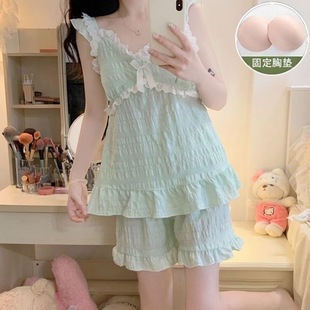 公主风睡衣两件套 带胸垫睡衣女2025夏季 新款 甜美少女吊带薄款 短袖