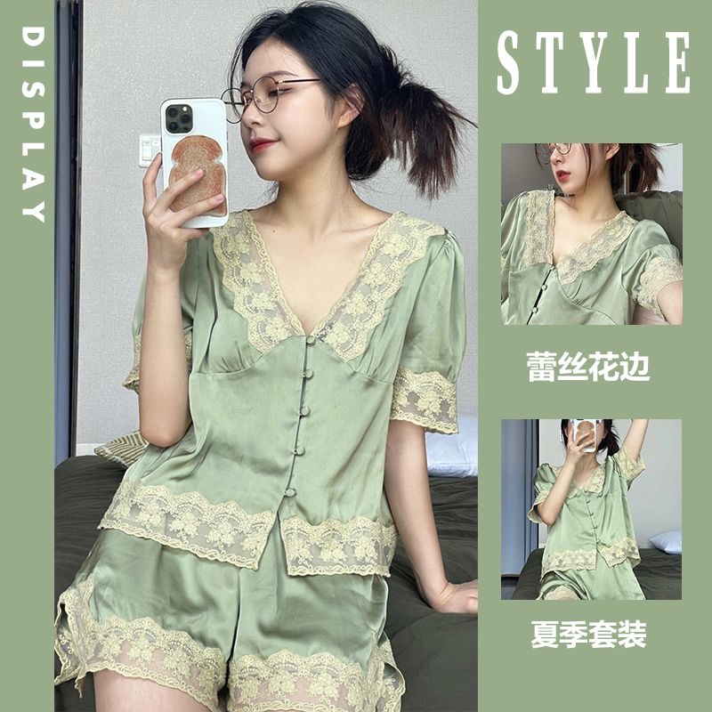 冰丝睡衣女夏款2025年新款高级感蕾丝花边绿色短袖短裤家居服套装