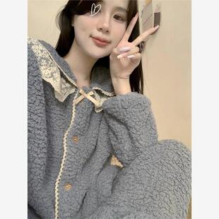 珊瑚绒睡衣女秋冬季加绒加厚韩版甜美蕾丝公主风可外穿家居服套装