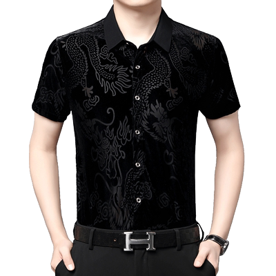 薄款金丝绒龙图案短袖花衬衫中年