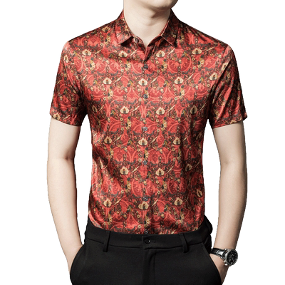 真丝红色桑蚕丝短袖衬衫中年男士