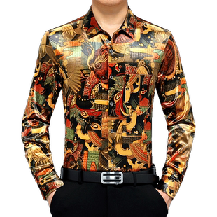 秋季男士长袖金丝绒薄衬衫花衬衣春秋老年人爸爸弹力中年男真口袋