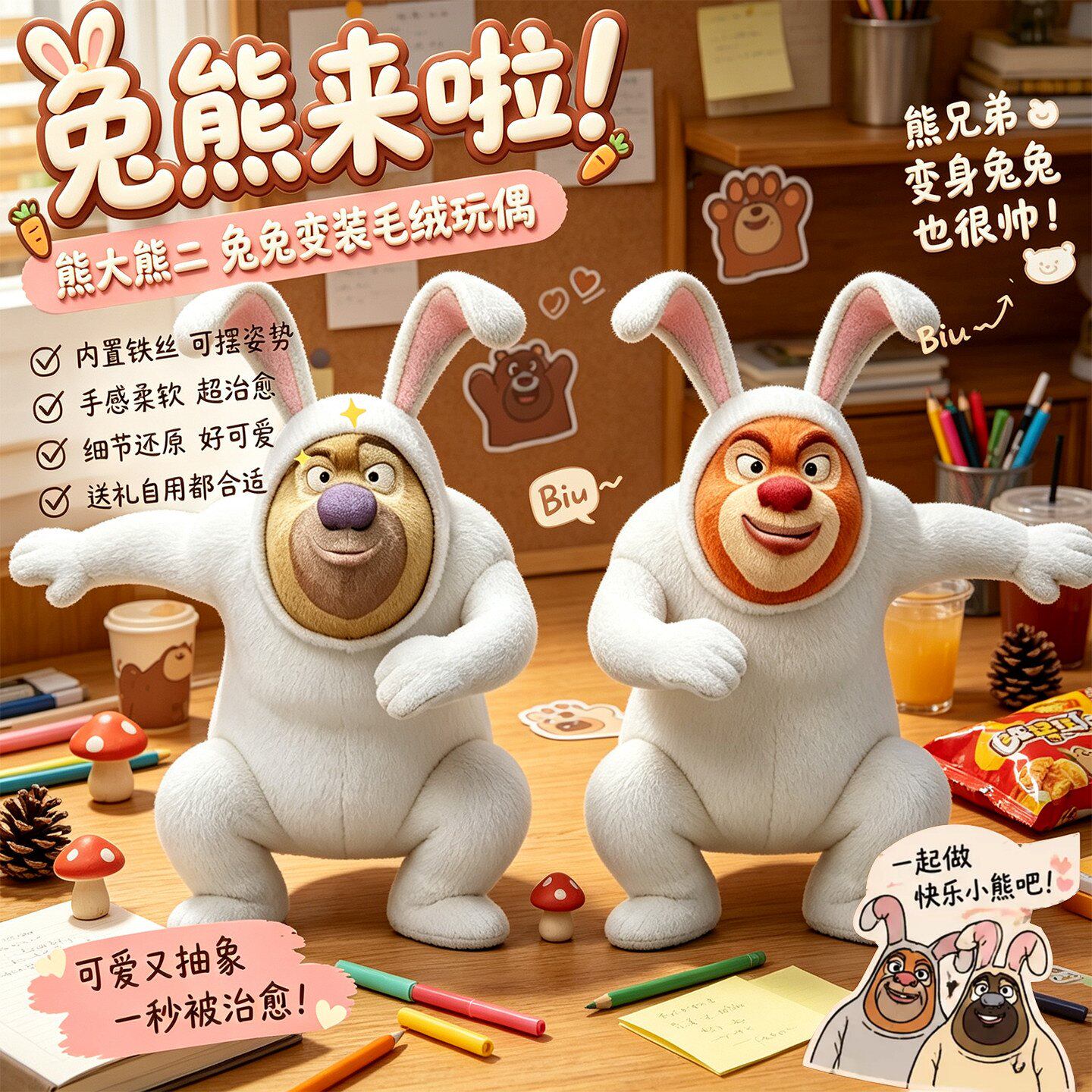 兔熊毛绒玩偶熊大熊二老鼠干人网红流行创意整蛊抽象毛绒公仔玩具