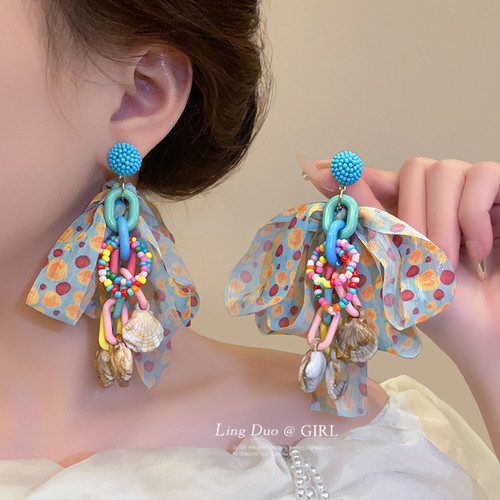日韩布艺材质串珠波点蝴蝶结耳钉